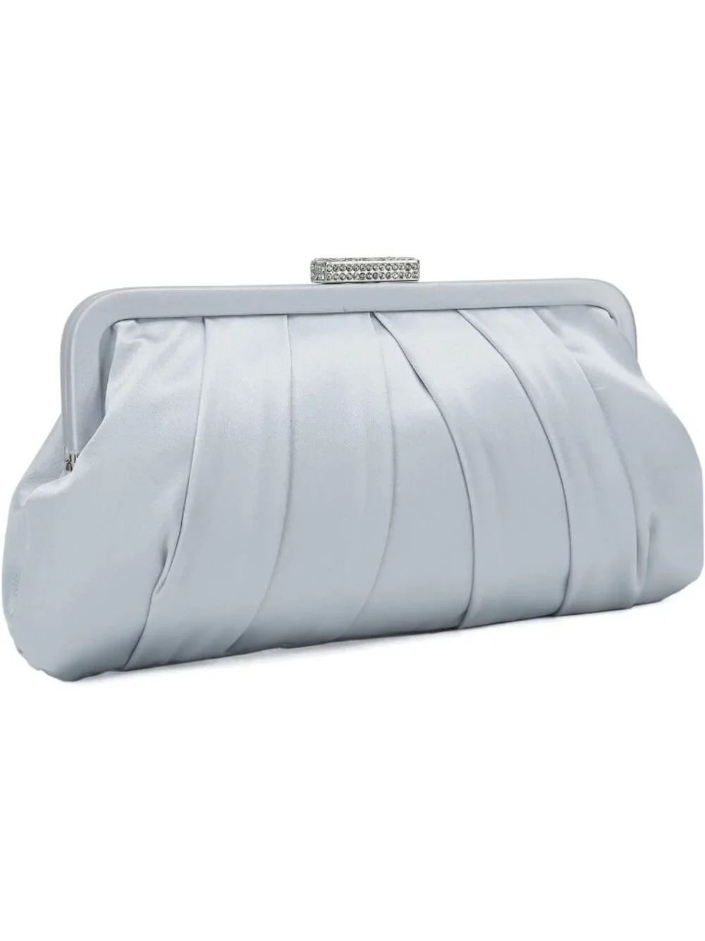 👜 Women's Silver Classic Pleated Satin Clutch Bag Diamante Embellished Clutch